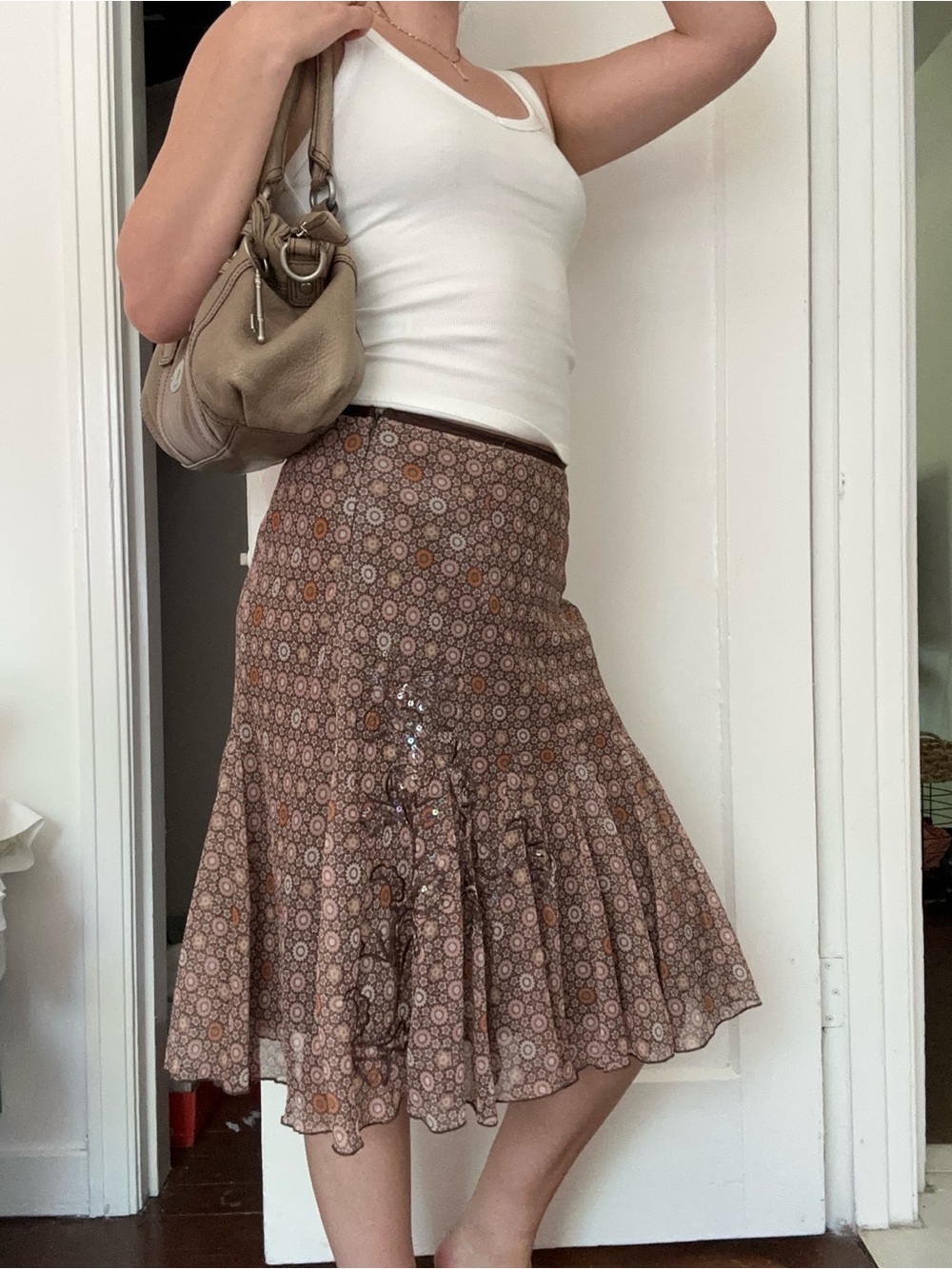 Brown Printed Midi Skirt with Sequin Detail & Flared Hem
